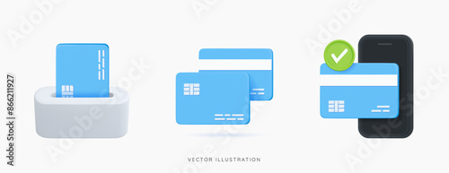 3D Online payment icon set. Withdraw money from plastic credit card. Contactless payment via phone. Smartphone with debit card and check mark. Business and finance. Cartoon design elements. 3D Vector