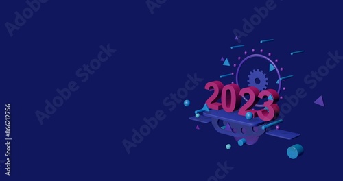 Pink 2023 year symbol on a pedestal of abstract geometric shapes floating in the air. Abstract concept art with flying shapes on the right. 3d illustration on indigo background