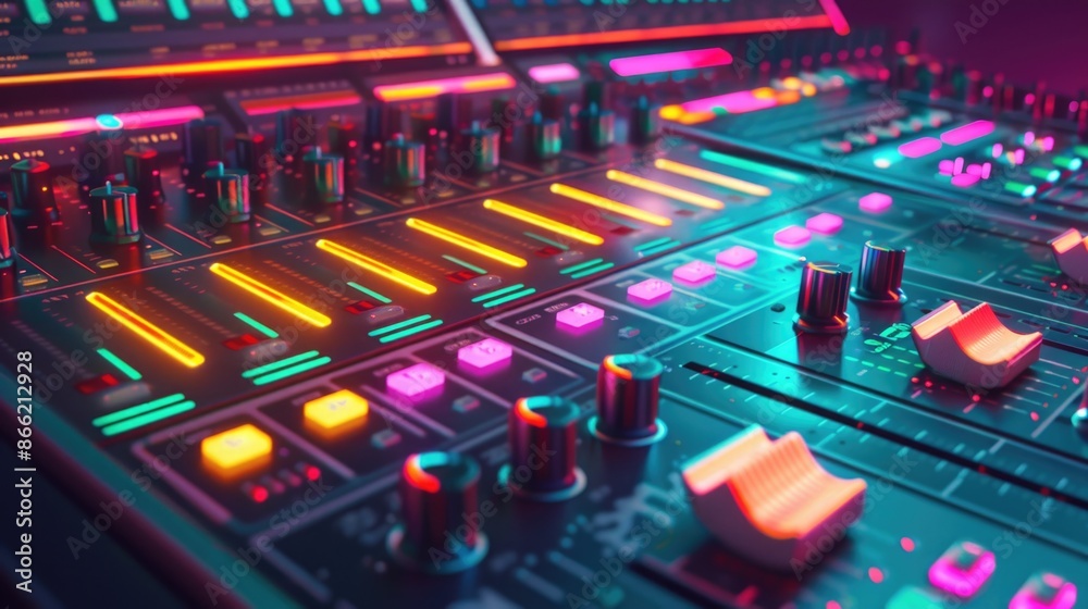 A mixing board with colorful neon lights. A mixing board with colorful neon lights.