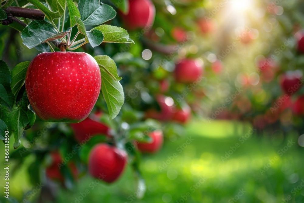 Obraz premium Ripe Red Apple on Tree in Sunlight