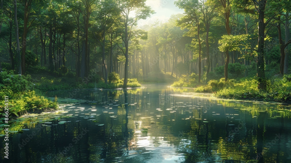 A peaceful forest pond reflecting the sunlight and surrounding trees. A peaceful forest pond reflecting the sunlight and surrounding trees.