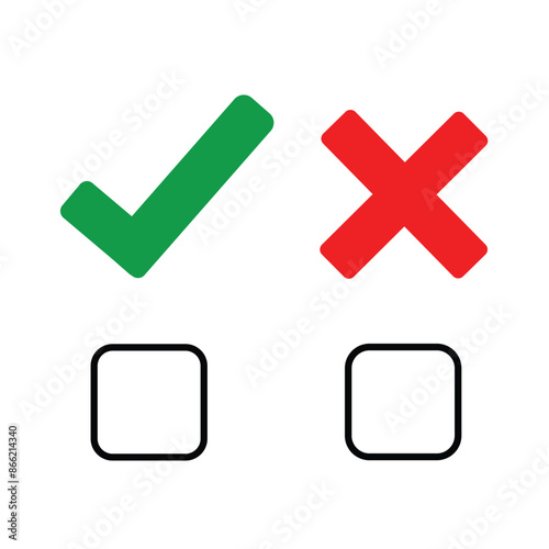 Check mark. Green tick symbol and red cross sign. Icons for evaluation quiz. Vector.