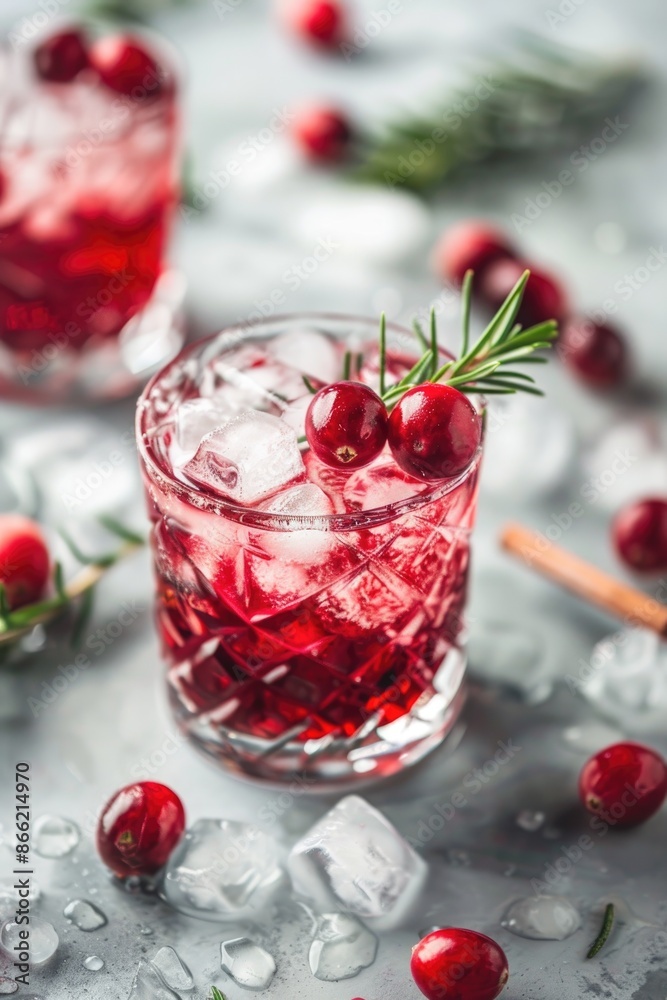 Refreshing Cranberry Cocktail with Ice and Rosemary Sprig on Elegant Background Refreshing Cranberry Cocktail with Ice and Rosemary Sprig on Elegant Background