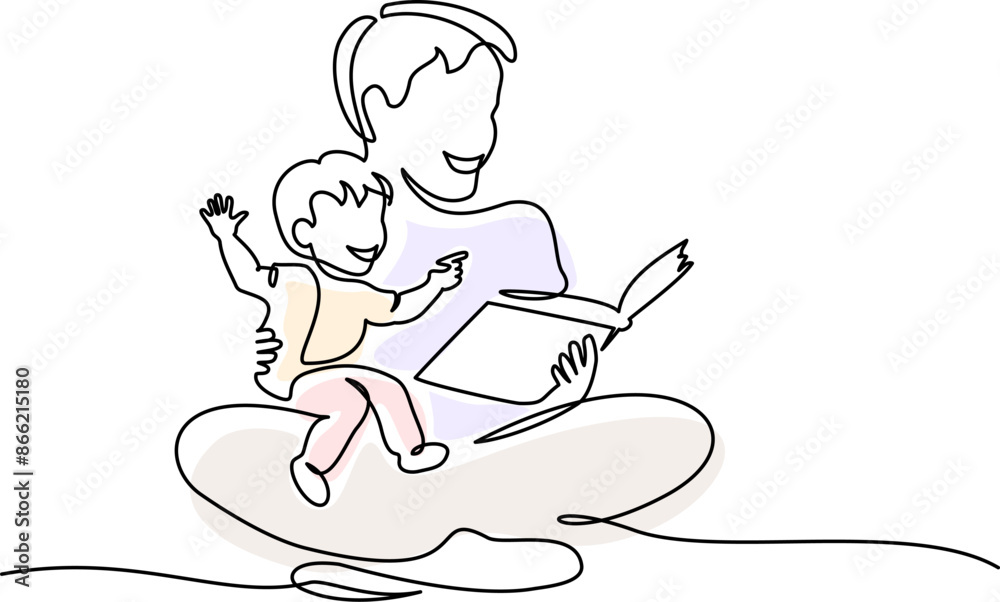 Father reading book to child son. Continuous one line drawing art. Father reading book to child son. Continuous one line drawing art.