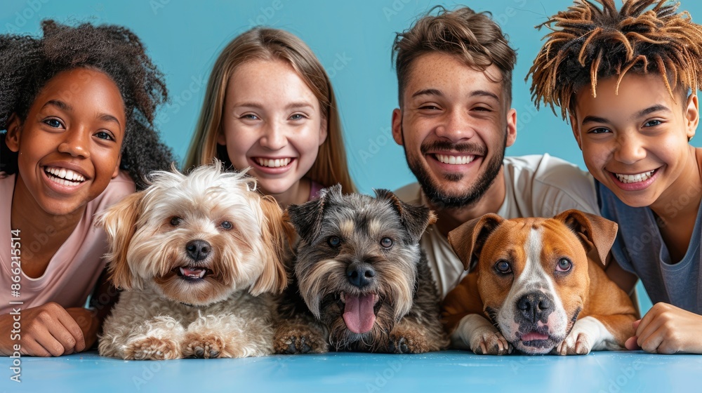 Happy group of diverse people and their adorable dogs smiling at the camera against a blue background. Friends and pets enjoying time together. Happy group of diverse people and their adorable dogs smiling at the camera against a blue background. Friends and pets enjoying time together.