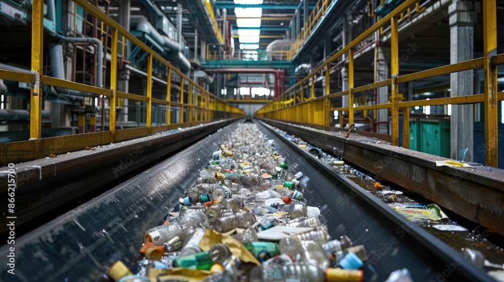 Industrial recycling facility with conveyor belt carrying plastic bottles and packaging materials for processing and sorting.