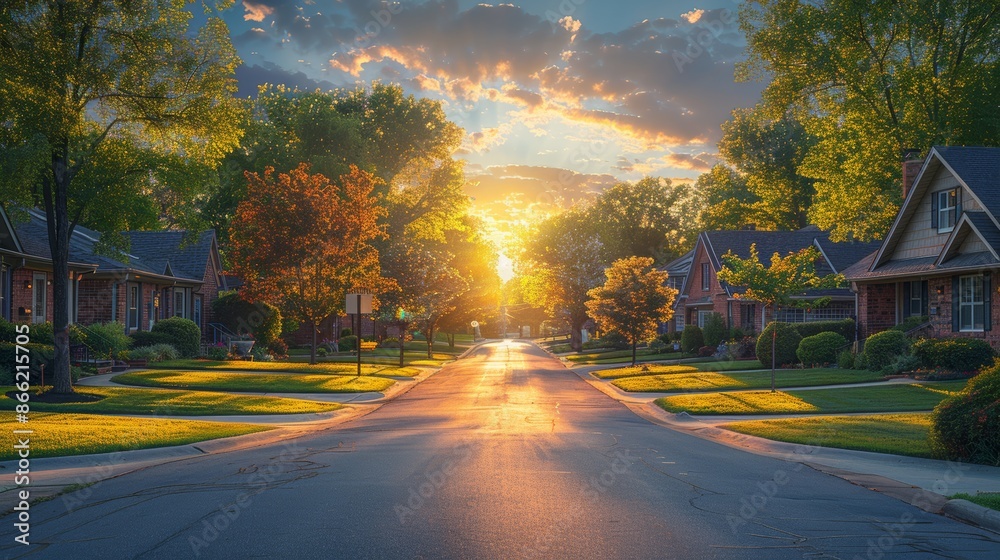 A quiet neighborhood street at dawn, with the first light of the day casting long shadows and no people around. A quiet neighborhood street at dawn, with the first light of the day casting long shadows and no people around.
