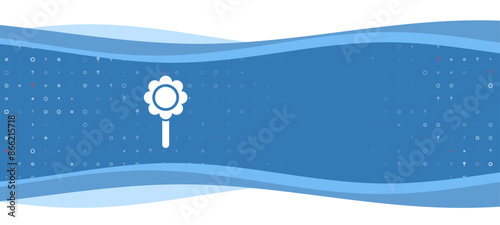 Blue wavy banner with a white chamomile symbol on the left. On the background there are small white shapes, some are highlighted in red. There is an empty space for text on the right side