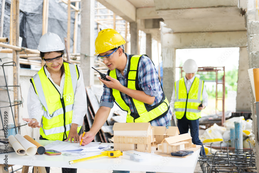 Engineer teams meeting working together wear worker helmets hardhat on construction site in city. Engineer teams meeting working together wear worker helmets hardhat on construction site in city.