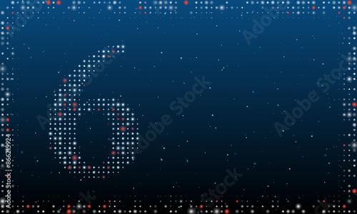 On the left is the number six symbol filled with white dots. Pointillism style. Abstract futuristic frame of dots and circles. Some dots is red. Vector illustration on blue background with stars