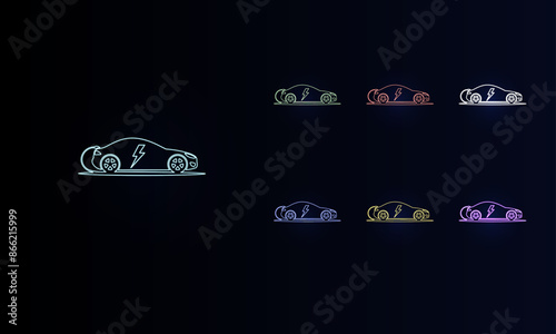 A set of neon electric car symbols. Set of different color symbols, faint neon glow. Vector illustration on black background