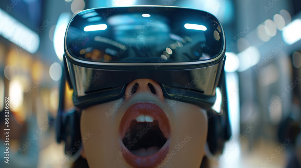 Fototapeta premium An immersive advertisement for a new virtual reality headset, demonstrating various VR experiences, from gaming to travel to educational content, with close-ups of the headset and users' reactions