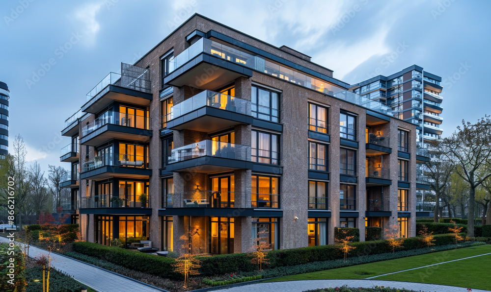 A large brick building with a glass balcony and a lot of windows. The building is lit up at night, giving it a warm and inviting atmosphere A large brick building with a glass balcony and a lot of windows. The building is lit up at night, giving it a warm and inviting atmosphere