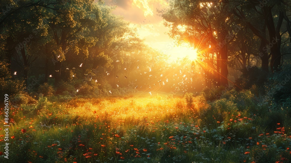 A serene forest glade bathed in golden sunlight, with birds flying overhead.