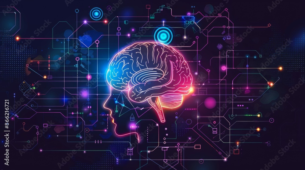 A glowing brain outline, embedded in a network of colorful neon lights. A glowing brain outline, embedded in a network of colorful neon lights.