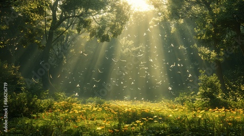 A serene forest glade bathed in golden sunlight, with birds flying overhead.