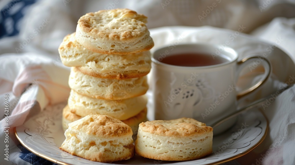 A stack of homemade scones on a plate and a mug of tea