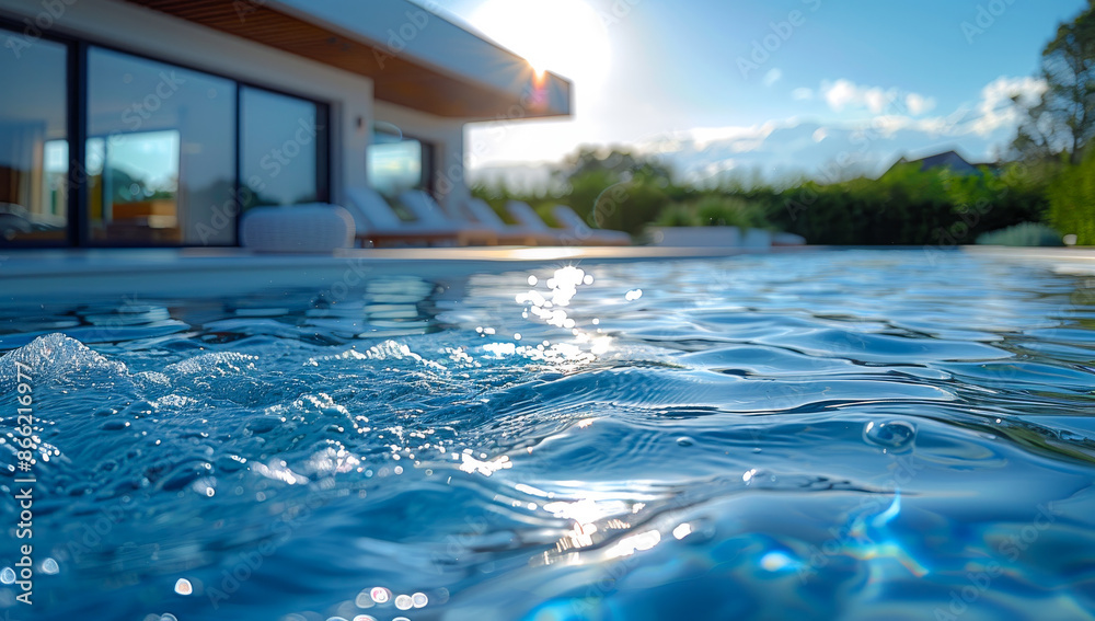 A pool with a house in the background. The pool is surrounded by lounge chairs A pool with a house in the background. The pool is surrounded by lounge chairs