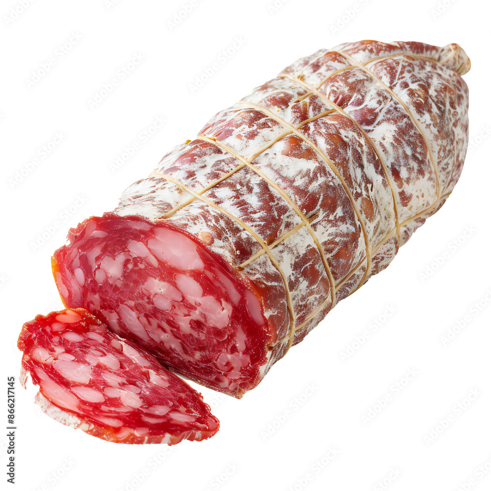 Detailed sliced salami closeup on transparent background Generative Ai Detailed sliced salami closeup on transparent background Generative Ai