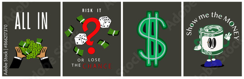 Gambling risk, win the guess game or predict the investment concept. Random or chance to win, risk management or analyze opportunity, prediction or forecast future. Vector money, dollar, inscriptions