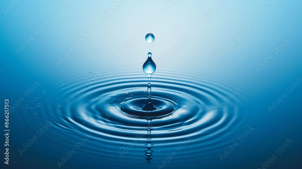 A single clear water drop falling into a calm blue surface, creating perfect circular ripples spreading outward A single clear water drop falling into a calm blue surface, creating perfect circular ripples spreading outward