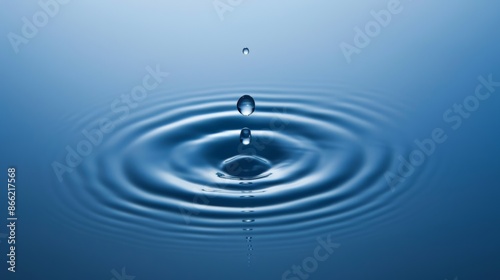 A single clear water drop falling into a calm blue surface, creating perfect circular ripples spreading outward