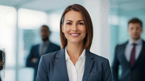 Confident businesswoman in a suit, surrounded by colleagues.