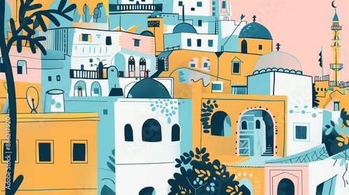 Risograph riso print travel poster, card, wallpaper or banner illustration, modern, isolated, clear and simple of Tunis, Tunisia. Artistic, screen printing, stencil digital duplication