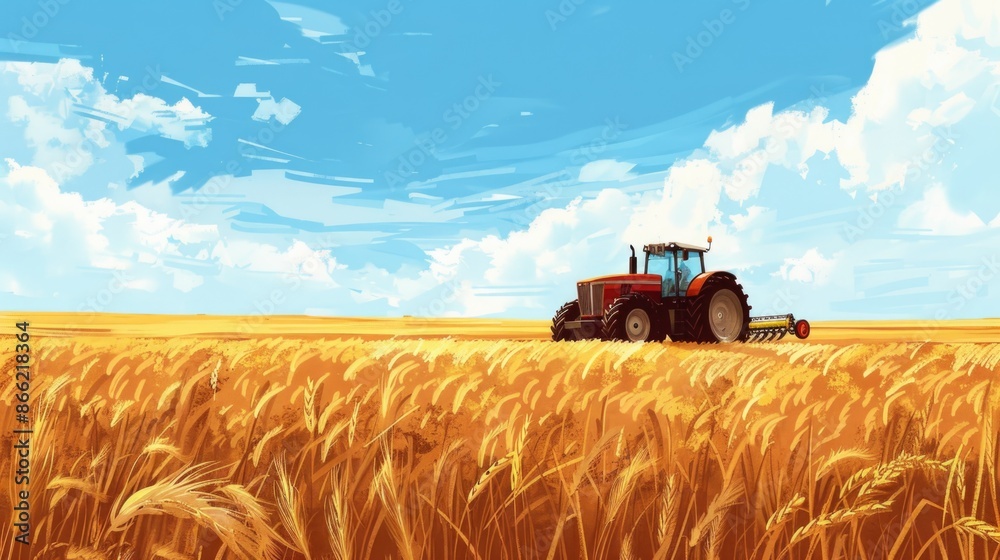 Fototapeta premium A tractor working in a field of wheat