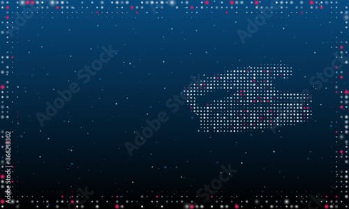 On the right is the sanding symbol filled with white dots. Pointillism style. Abstract futuristic frame of dots and circles. Some dots is pink. Vector illustration on blue background with stars