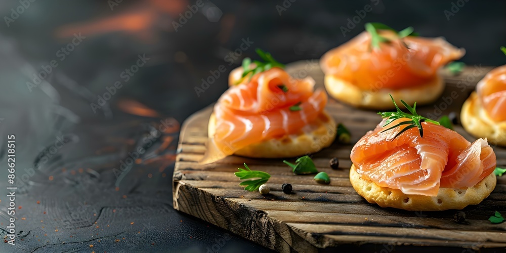 Gourmet smoked salmon appetizers on a wooden board for festive occasions. Concept Food Photography, Gourmet Appetizers, Smoked Salmon, Festive Occasions, Wooden board Gourmet smoked salmon appetizers on a wooden board for festive occasions. Concept Food Photography, Gourmet Appetizers, Smoked Salmon, Festive Occasions, Wooden board