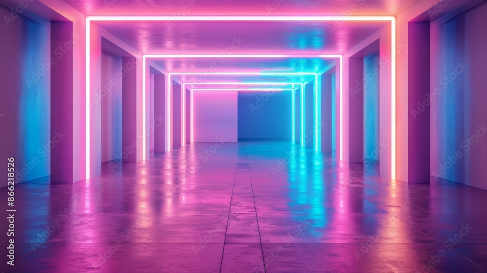 Abstract futuristic hallway with pink and blue neon lights. Abstract futuristic hallway with pink and blue neon lights.