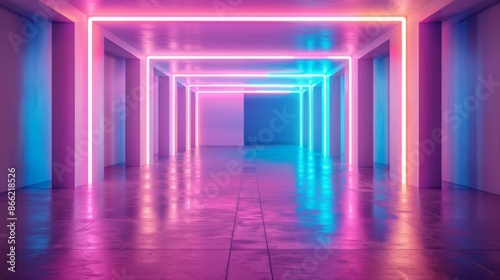 Abstract futuristic hallway with pink and blue neon lights.