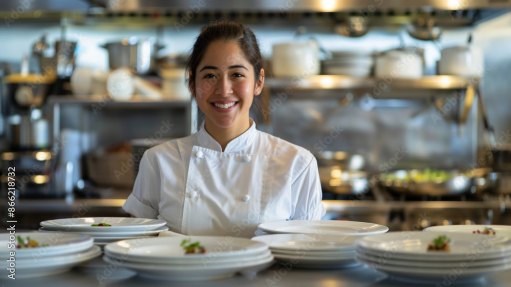 A smiling female chef proudly holds several plates that have just returned from the dining room, most of them empty with some traces of food. A smiling female chef proudly holds several plates that have just returned from the dining room, most of them empty with some traces of food.
