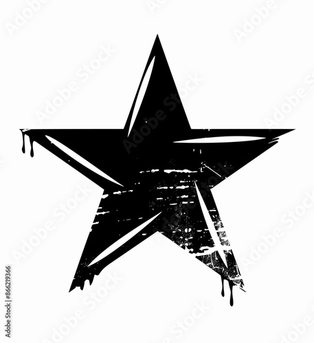 Black and white distressed and disintegrating five-pointed star with a dripping effect, stencil and paint graffiti. The edges of the star are uneven and ragged