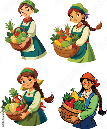 Three female farmers holding wicker baskets full of freshly harvested fruits and vegetables
