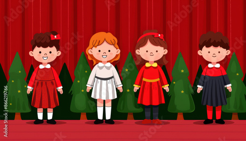 A backtoschool drama club rehearsal, kids in costumes on a stage, rich colors, illustration photo