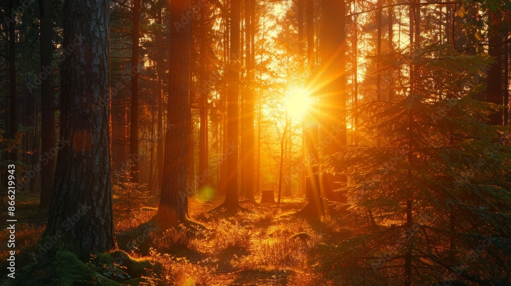 Fototapeta premium A woodland scene with the sun setting in the background, casting a warm orange light across the trees