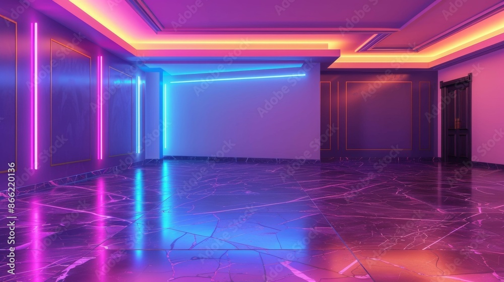 Neon lights illuminate a minimalist room with marble floors. Neon lights illuminate a minimalist room with marble floors.