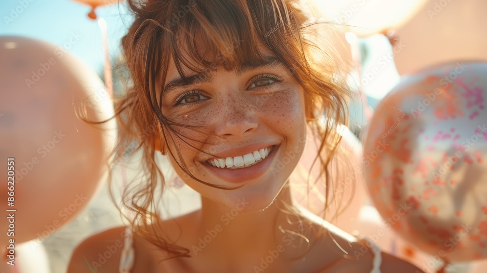 Fototapeta premium A young woman with a beaming smile, looking into the camera, while holding a bunch of balloons.