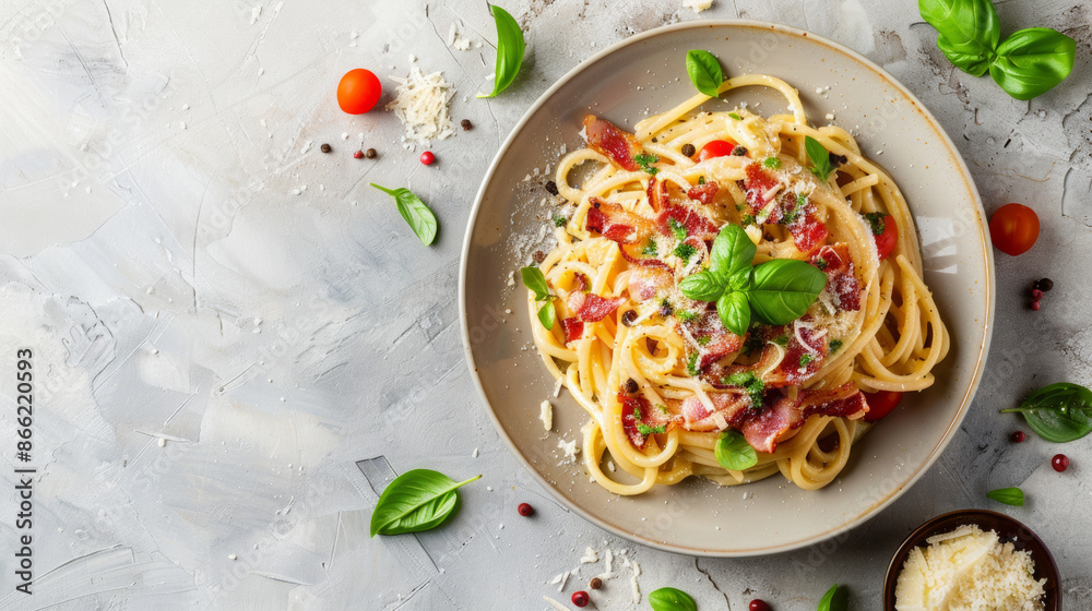 Carbonara pasta with thick slices of bacon and parmesan against, on a creamy background Carbonara pasta with thick slices of bacon and parmesan against, on a creamy background