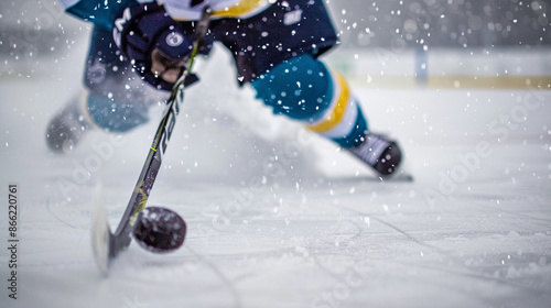 Close-up of a hockey player's stick handling the puck