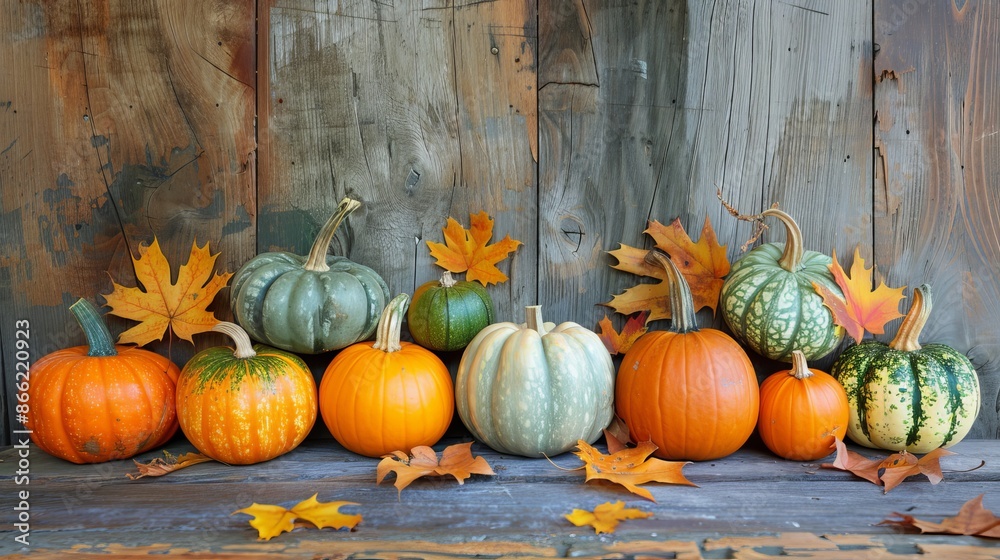 Assortment of Pumpkins and Fall Leaves Against a Rustic Wooden Background Assortment of Pumpkins and Fall Leaves Against a Rustic Wooden Background