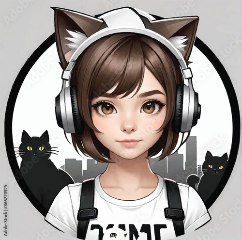 A girl with headphones and a cat on her head