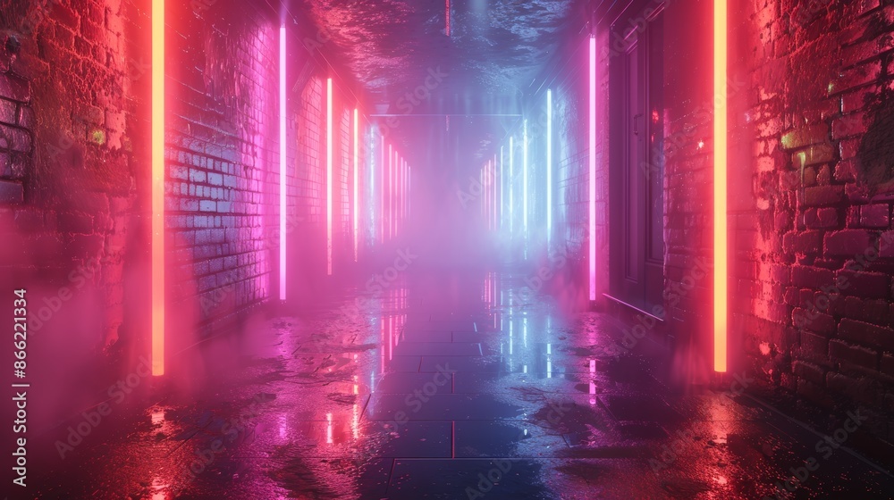 Abstract neon lights casting colorful glows and reflections in a foggy, empty alleyway.