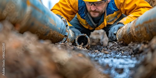 Construction worker repair a sewer line under a street