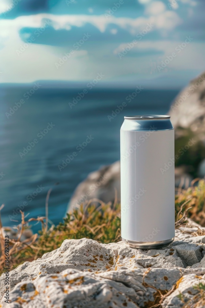 Blank Aluminum Can on Rocky Shore Overlooking Ocean Blank Aluminum Can on Rocky Shore Overlooking Ocean