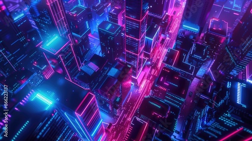 Abstract futuristic and sci-fi neon night city. Top view of the urban night landscape. Neon lights, the city is not on the shore. 3D illustration.