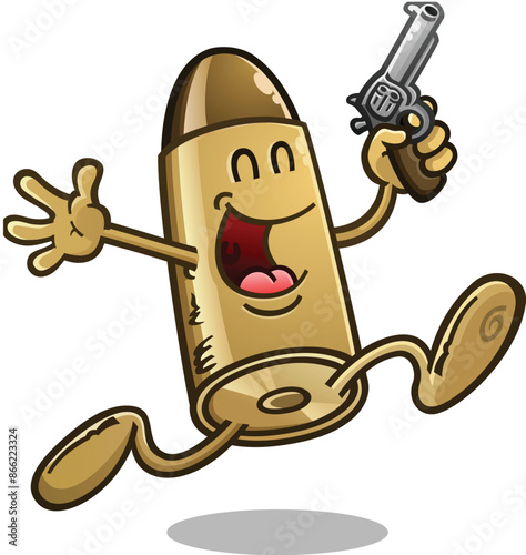 Happy Jogging Bullet cartoon character holding a pistol gun and bouncing and skipping with joy because he is celebrating his second amendment right to bear arms
