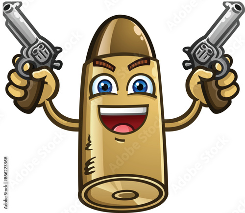 Smiling Bullet cartoon character dual wielding double handgun pistols with angry proud expression because he is celebrating his freedom to practice his second amendment right to bear arms